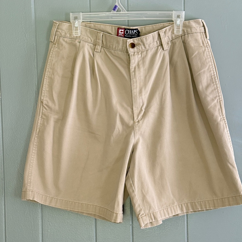 Chaps Ralph Lauren Mens 34 Khaki Double Pleated Chino Shorts 7" Vintage 90s Prep